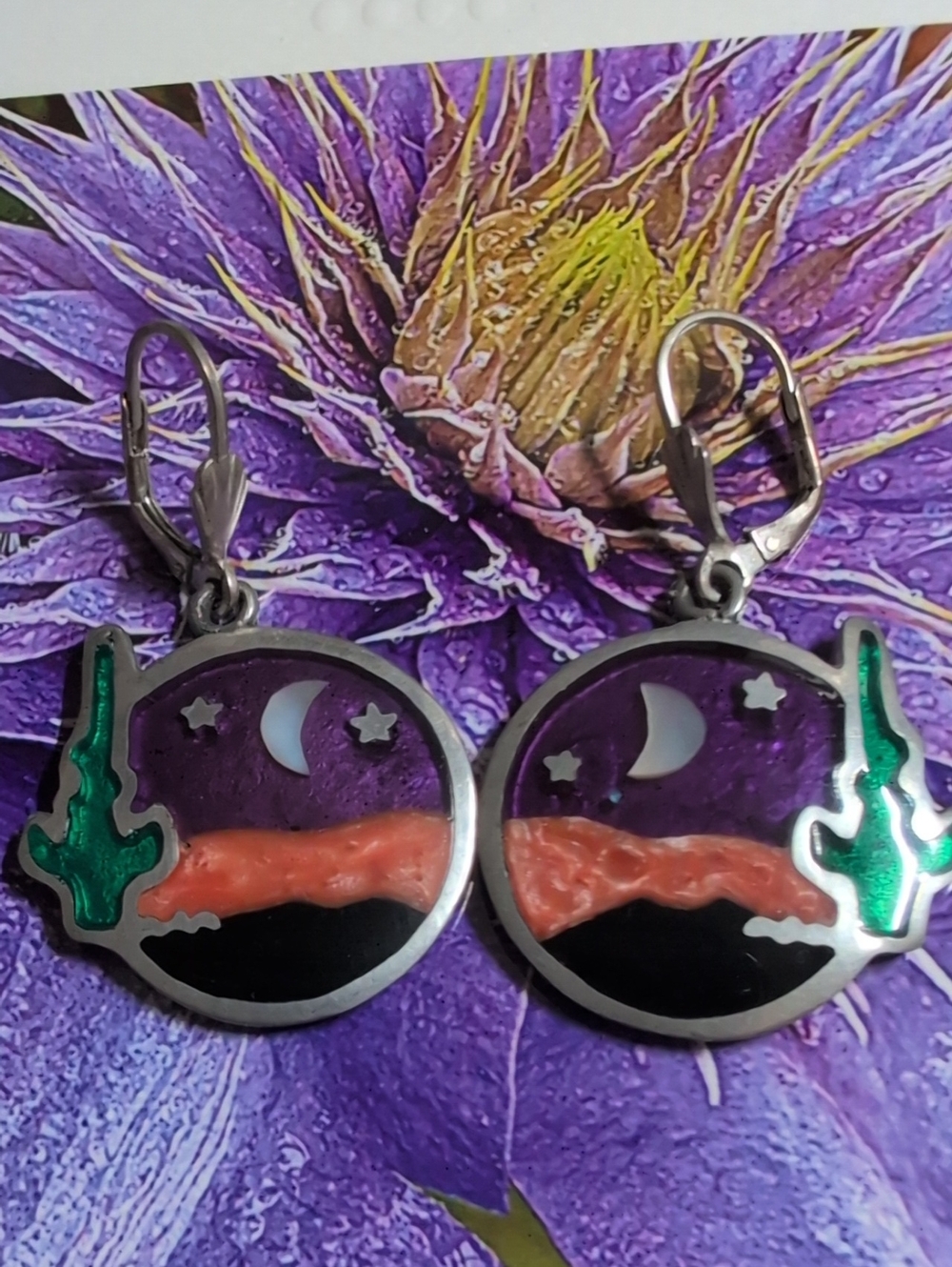 Purple Moon Desert Dangle Earrings with Green Cacti